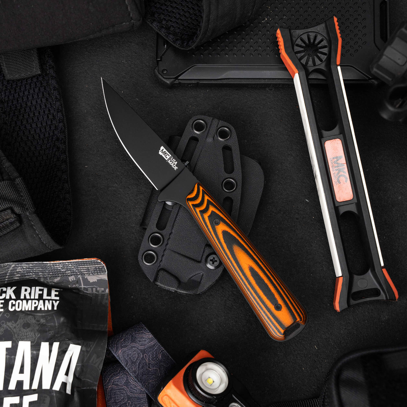 Flattail PVD, orange and black by Montana Knife Company