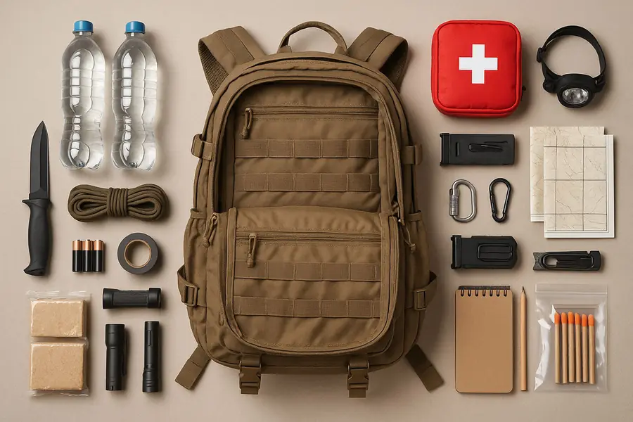 Bug out bag with water bottle, first aid kit and tools laid out flat