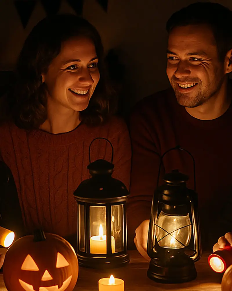 Family at a table lit by lanterns during a power outage